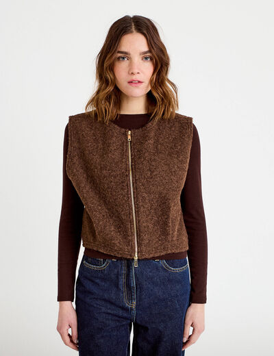 Veste sans manches effet polaire marron fonc&eacute; femme