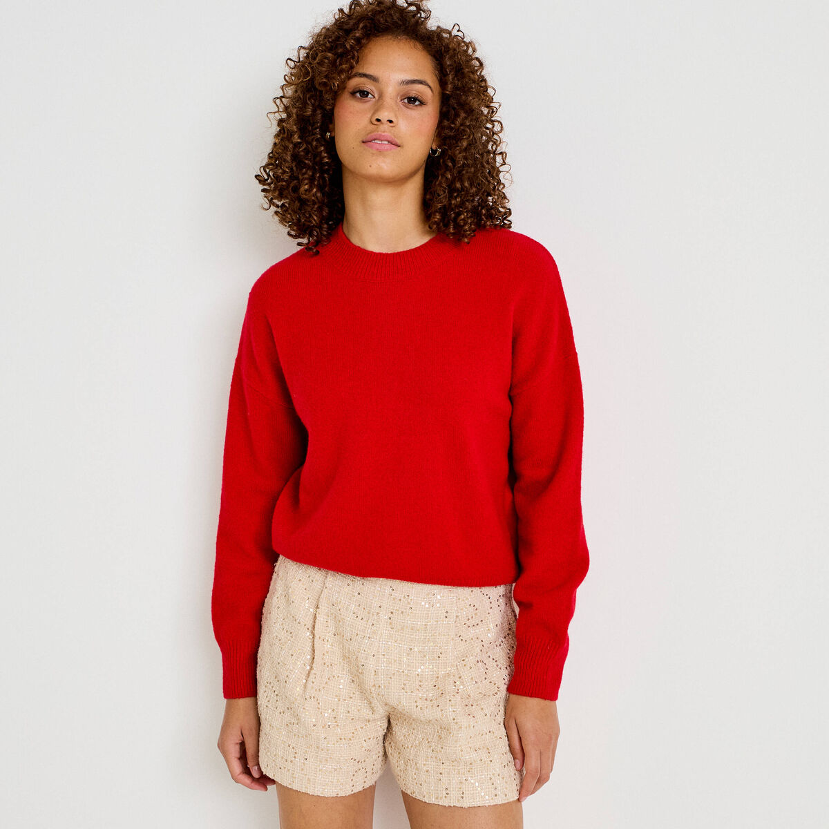 Short large taille haute en tweed ivoire femme