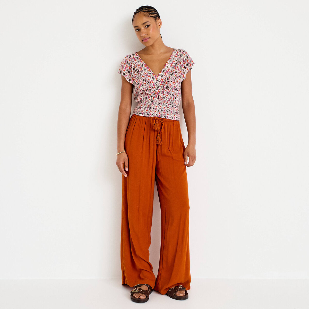 Pantalon large taille standard orange fonc&eacute; femme