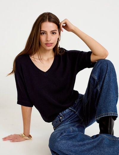Pull ample col v manches courtes bleu marine femme