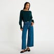 Pull oversize col bateau manches longues vert fonc&eacute; femme
