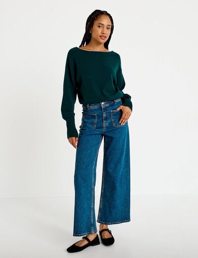 Pull oversize col bateau manches longues vert fonc&eacute; femme