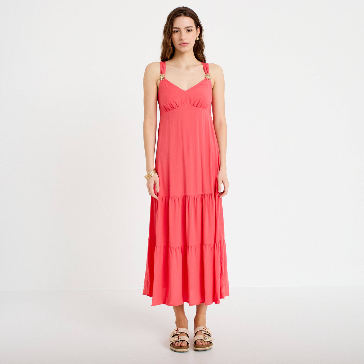 Robe &eacute;vas&eacute;e 3/4 col coeur bretelles rose femme
