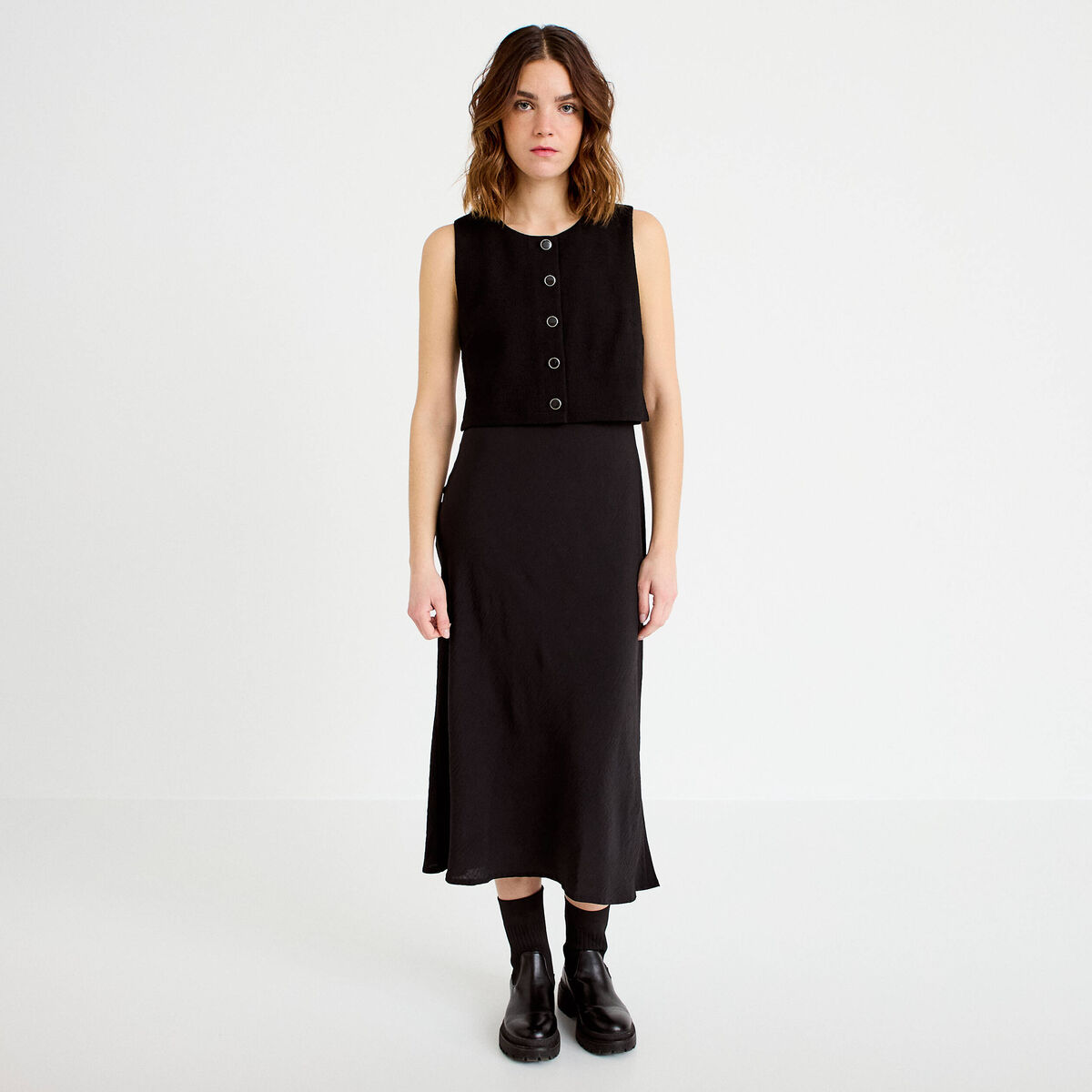 Robe bi-mati&egrave;re droite sans manches noir femme