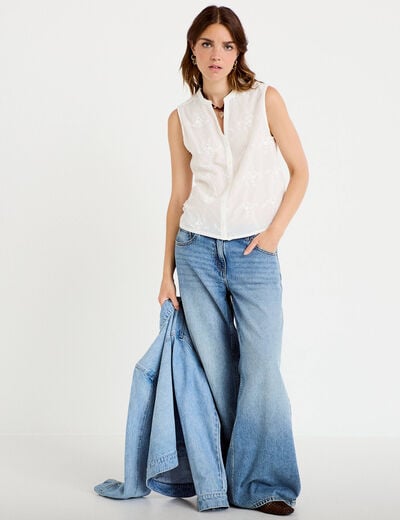 Chemise droite sans manches &agrave; relief ecru femme