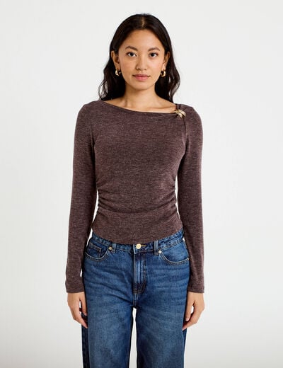 Top cintr&eacute; col bateau manches longues marron fonc&eacute; femme