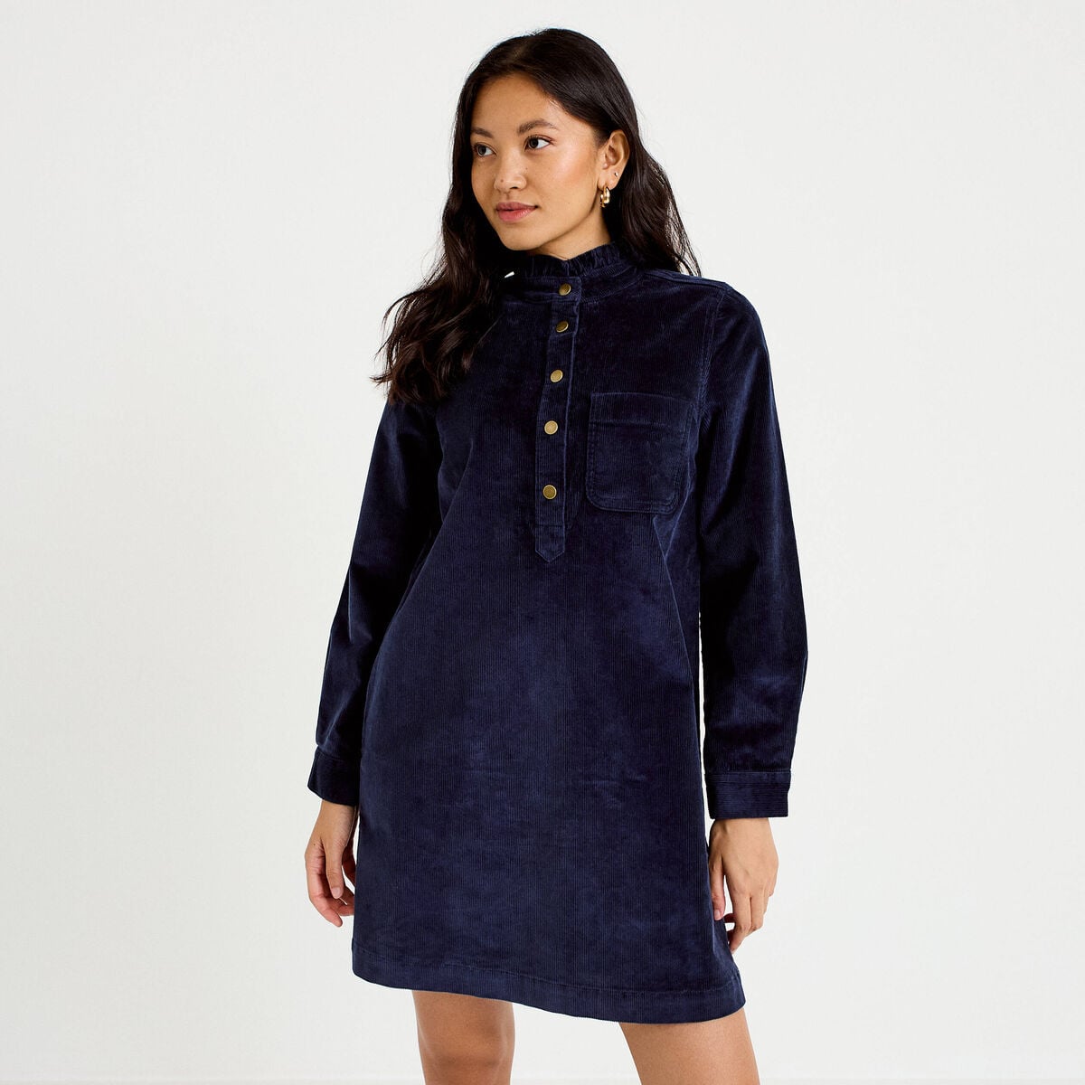 Robe &eacute;vas&eacute;e velours col montant bleu marine femme