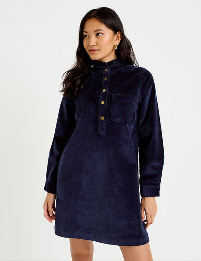 Robe &eacute;vas&eacute;e velours col montant bleu marine femme