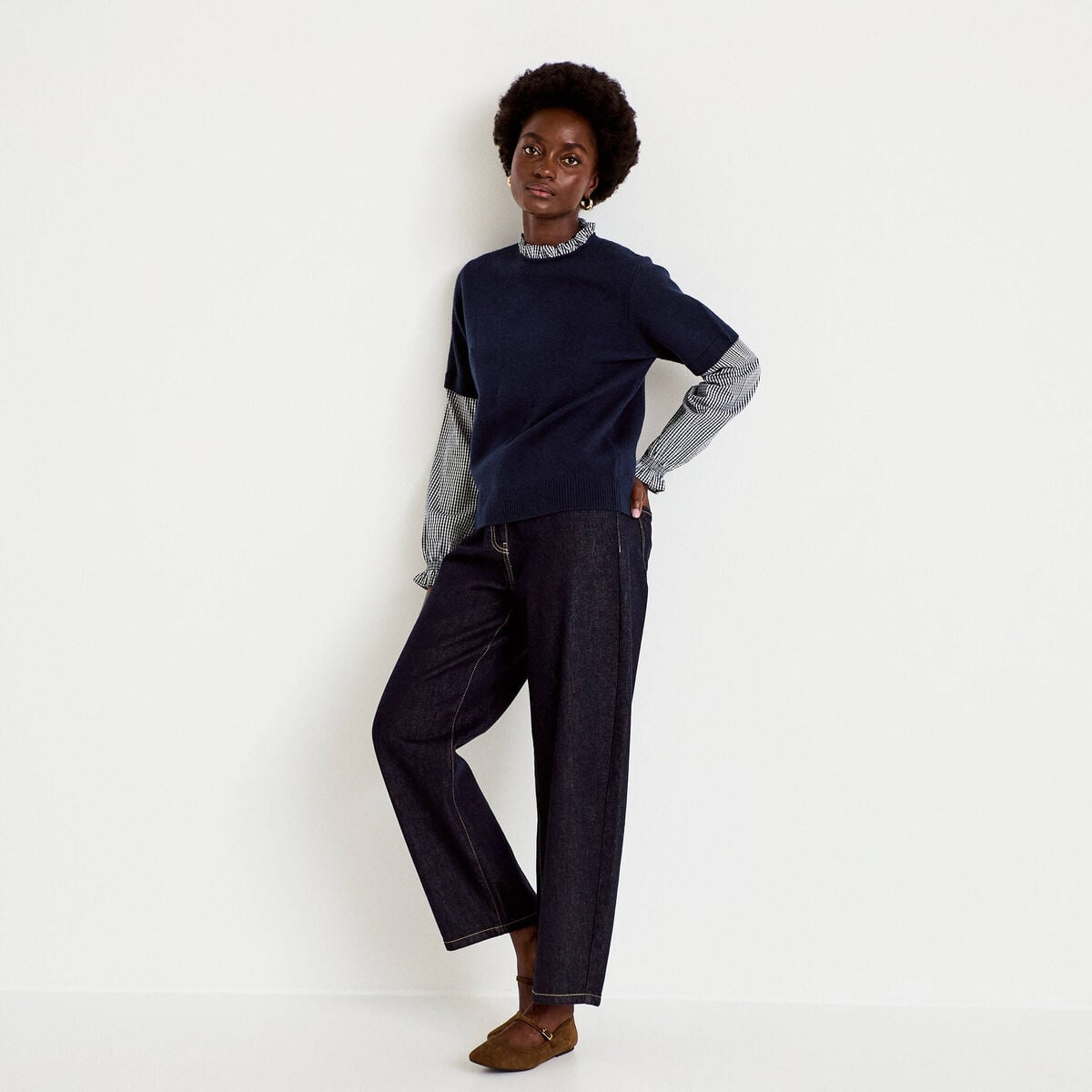 Pull 2-en-1 col rond manches vichy bleu marine femme