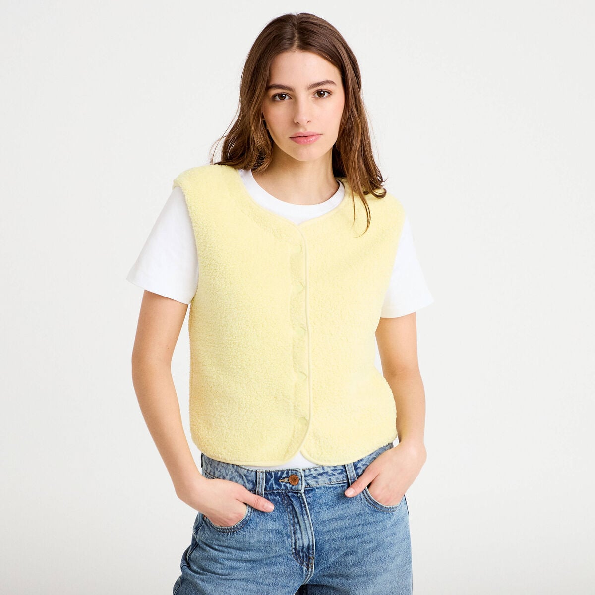 Gilet sans manches effet polaire jaune clair femme