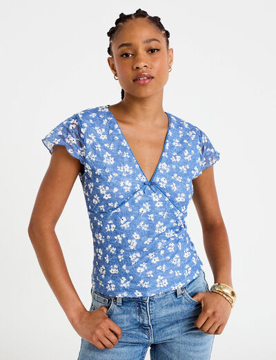 T-shirt ajust&eacute; court d&eacute;collet&eacute; dentelle bleu femme