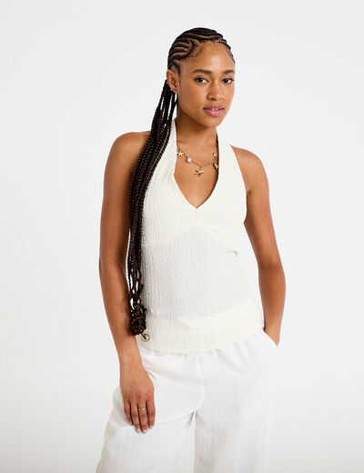 Top cintr&eacute; sans manches avec relief ecru femme