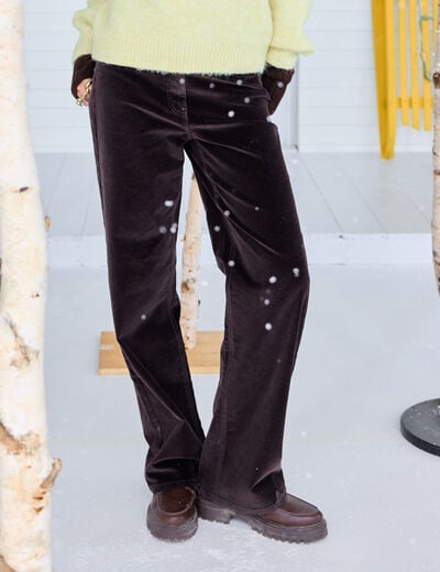 Pantalon bootcut taille haute velours marron fonc&eacute; femme