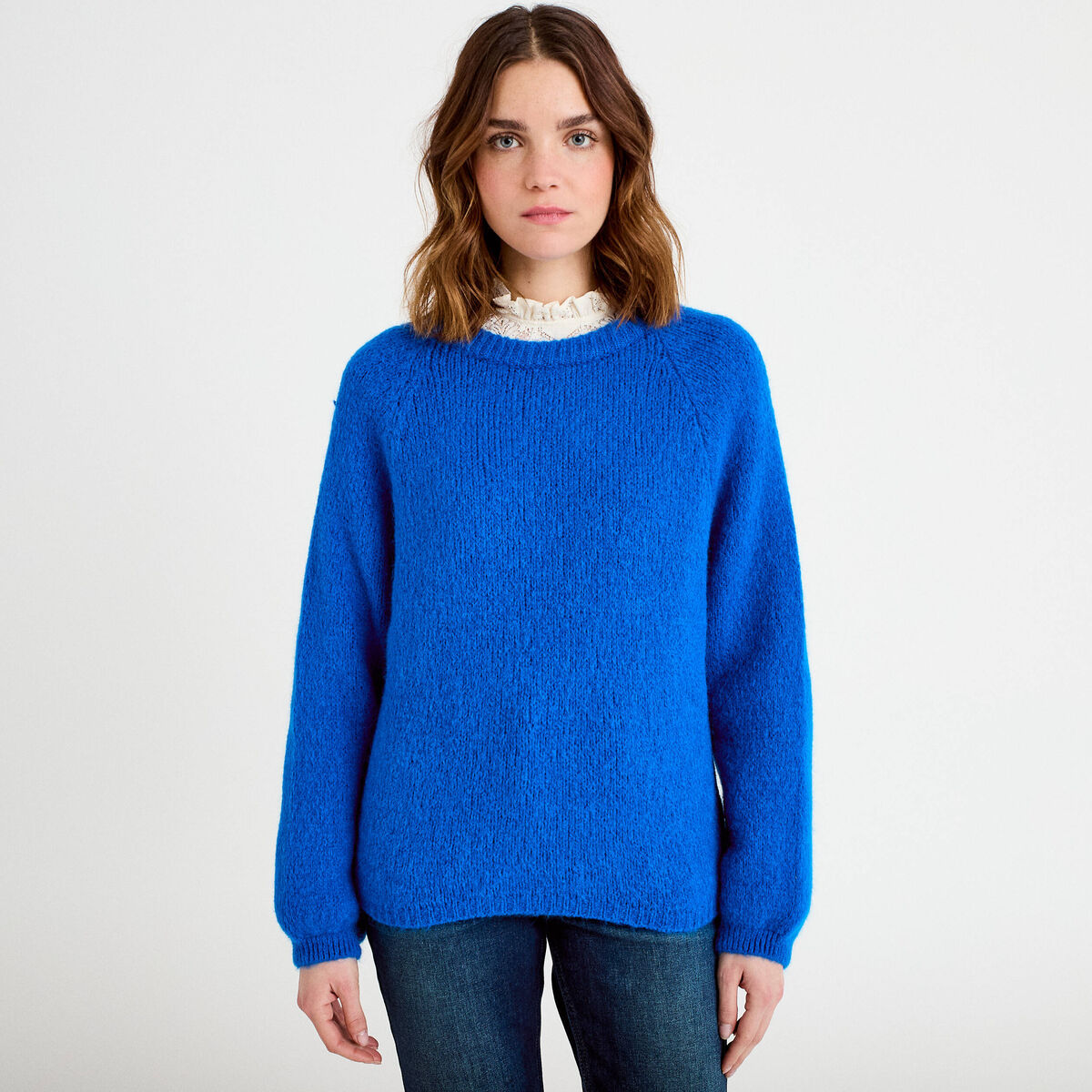 Pull ample col rond manches longues bleu electrique femme