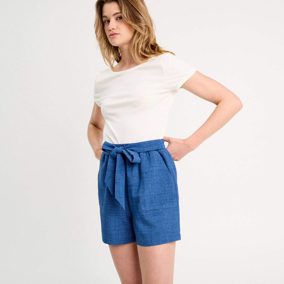 Combishort ceintur&eacute;e bleu fonc&eacute; femme