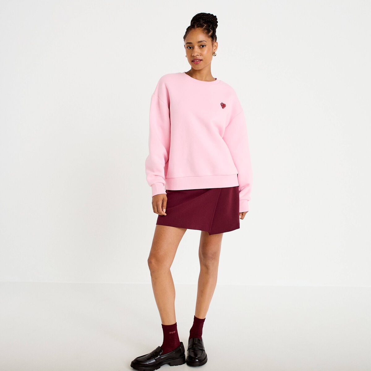 Sweat oversize col rond manches longues rose clair femme