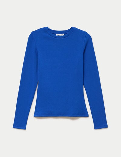 T-shirt cintr&eacute; col rond manches longues bleu electrique femme