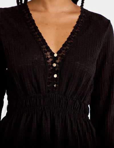 Blouse ajust&eacute;e col v manches longues noir femme