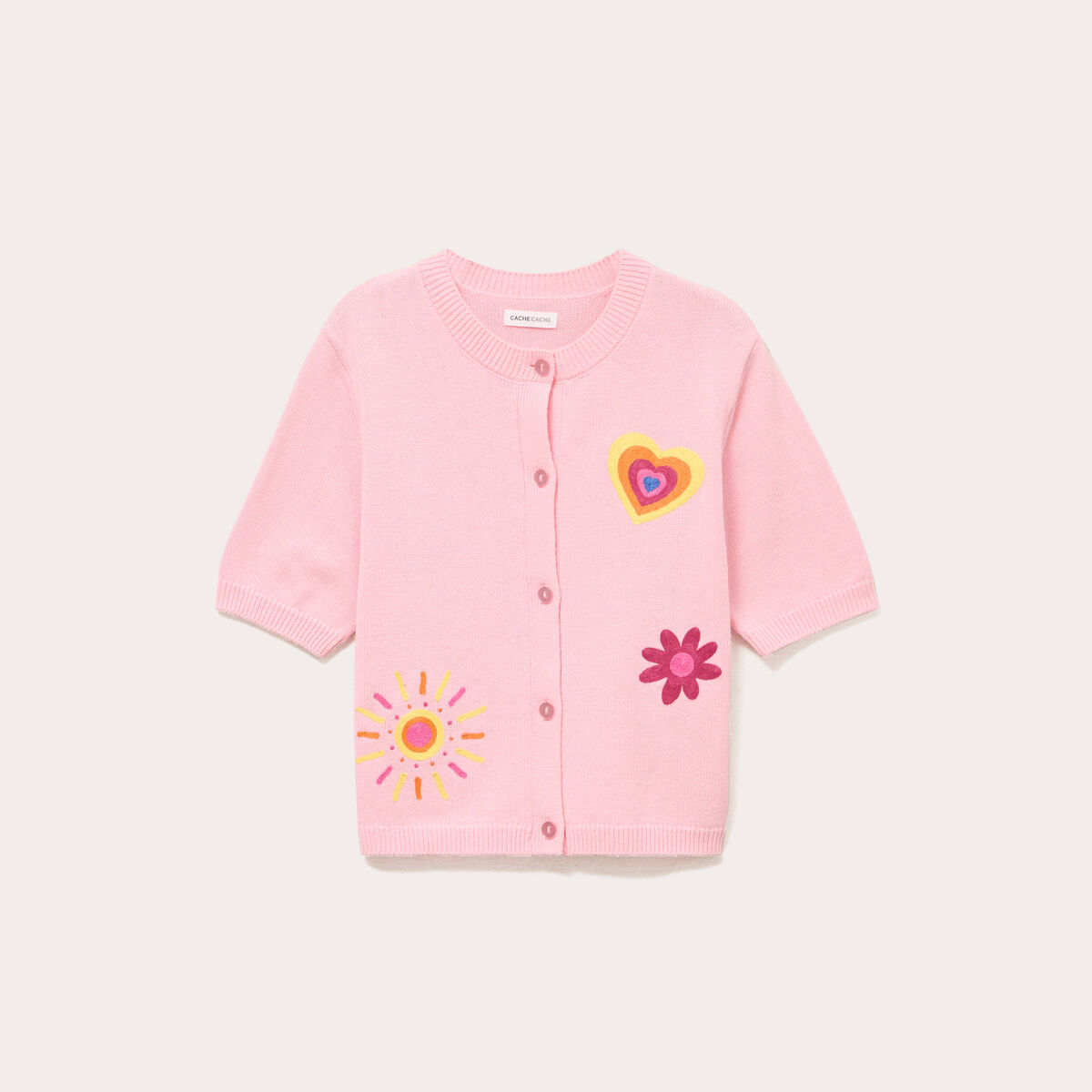 Gilet brod&eacute; manches courtes rose corail femme