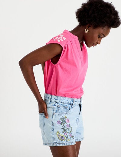 Short en jean avec broderie denim bleach femme