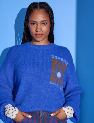 Pull ample col rond manches longues bleu electrique femme