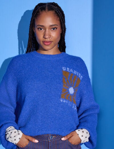 Pull ample col rond manches longues bleu electrique femme