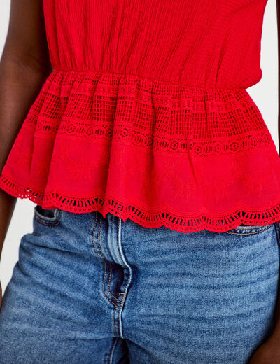 Blouse droite col v manches courtes rouge femme