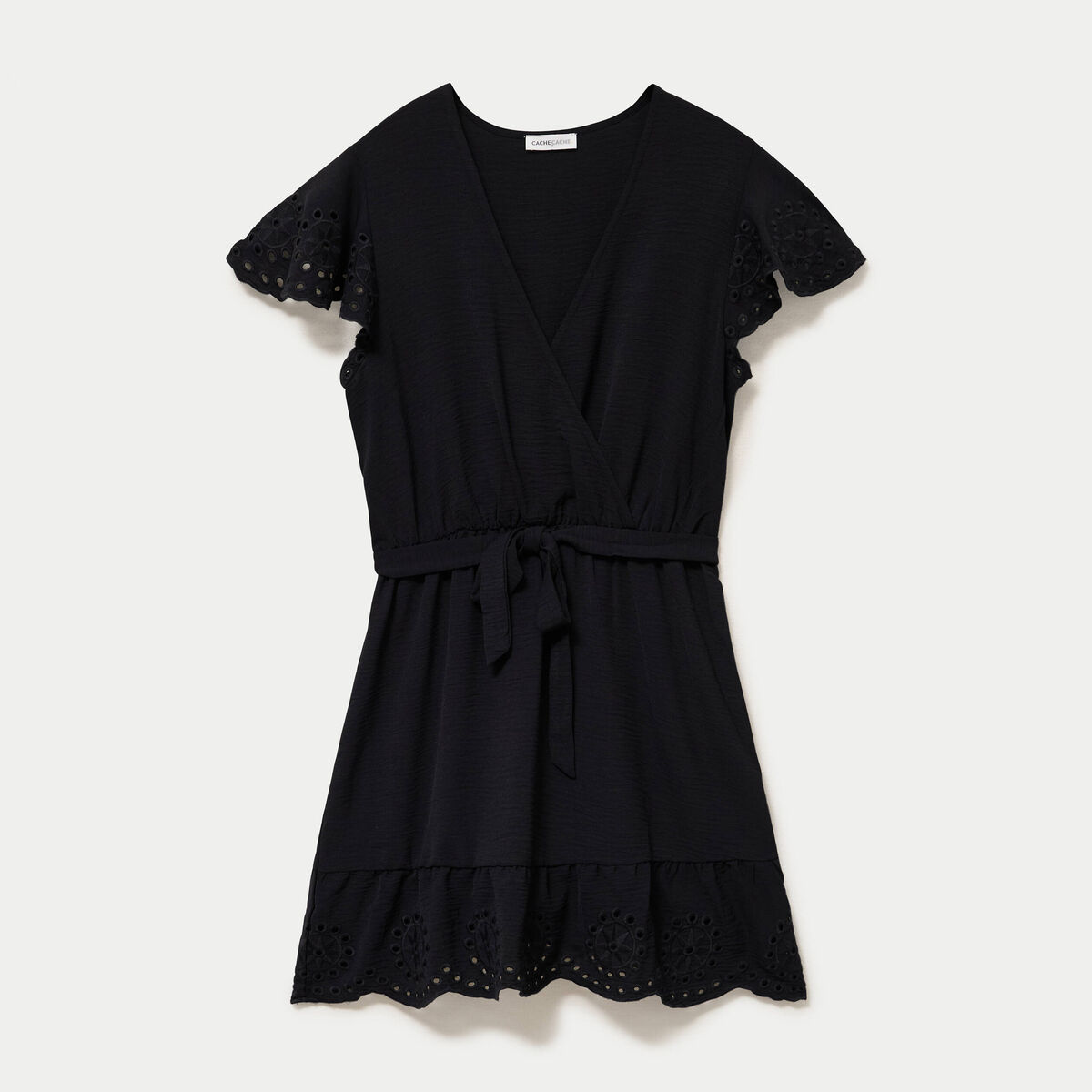 Robe courte &eacute;vas&eacute;e col v manches courtes noir femme