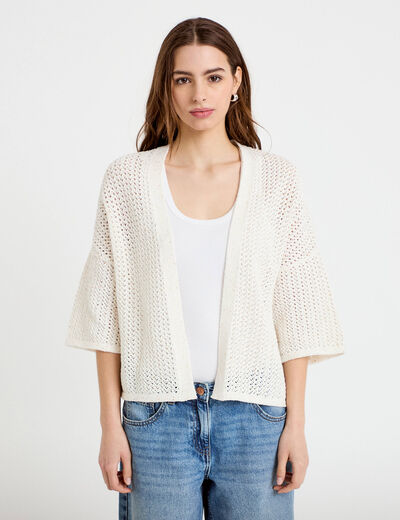 Kimono oversize ajour&eacute; col v ecru femme