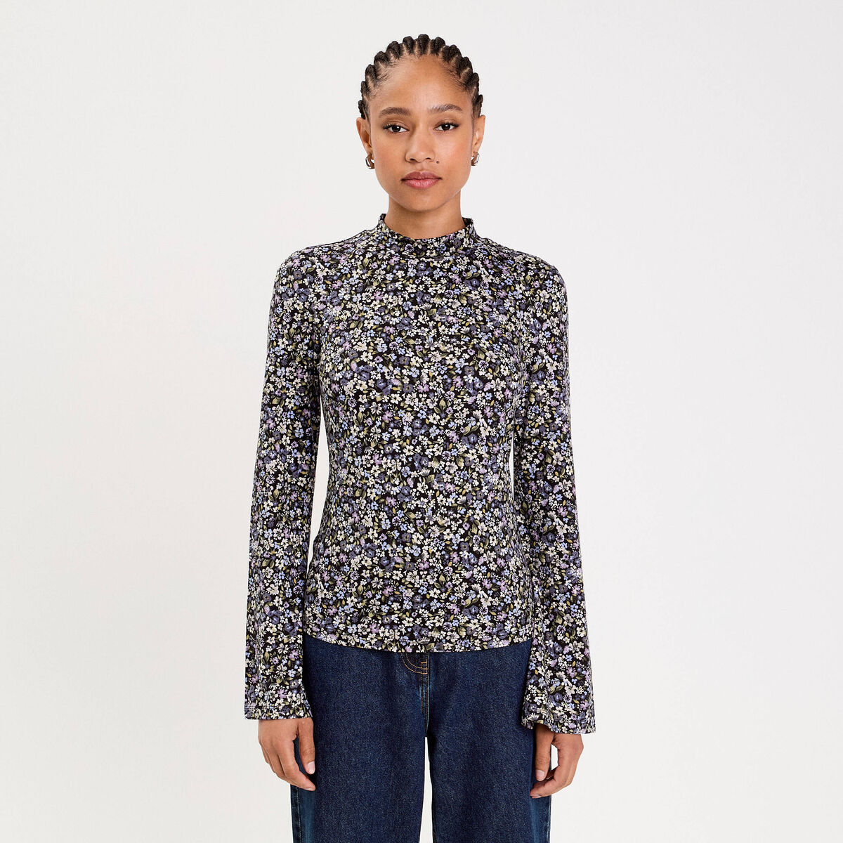 Pull cintr&eacute; col montant manches longues noir femme