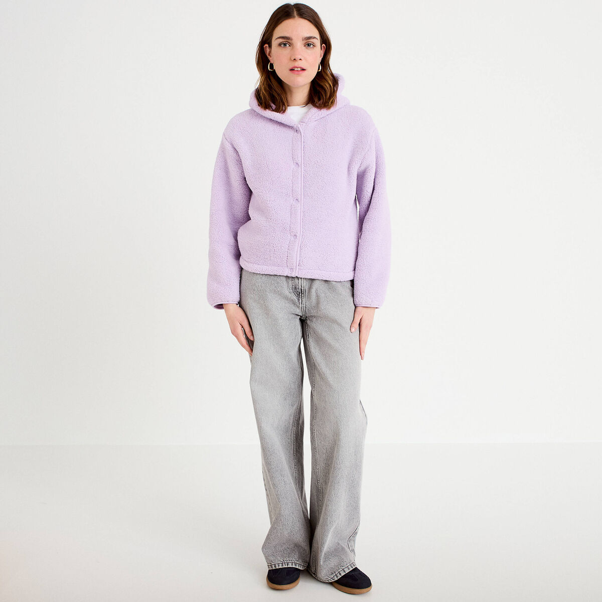 Veste effet polaire &agrave; capuche parme femme