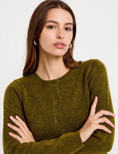 Gilet boutonn&eacute; manches longues vert olive femme