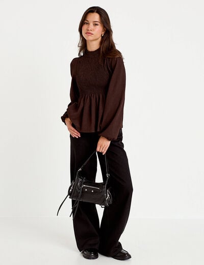 Blouse droite manches longues pliss&eacute;e marron fonc&eacute; femme
