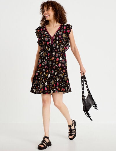 Robe &eacute;vas&eacute;e cr&ecirc;pe col v manches courtes noir femme