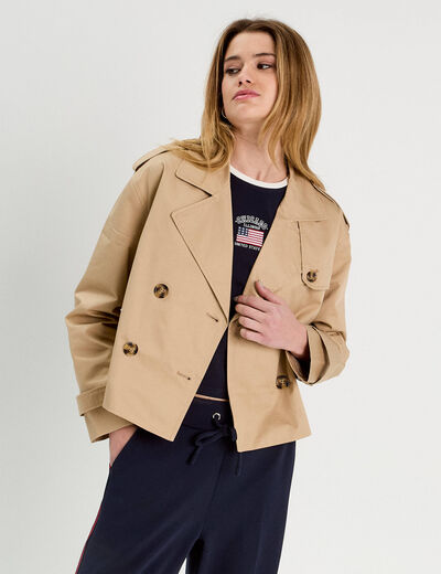 Trench court boutonn&eacute; sable femme