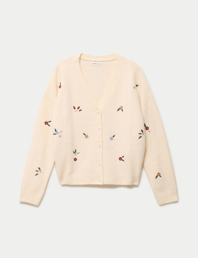 Gilet manches longues fleurs brod&eacute;es sable femme