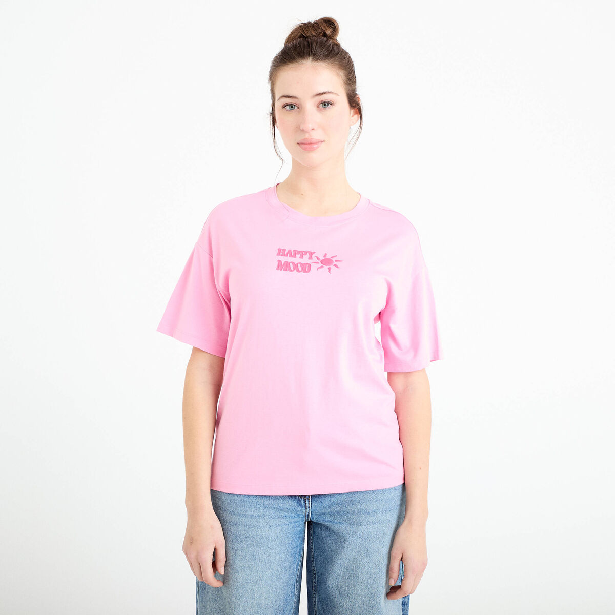T-shirt col rond manches courtes rose corail femme