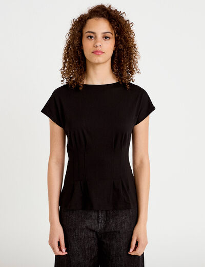 T-shirt cintr&eacute; col rond manches courtes noir femme