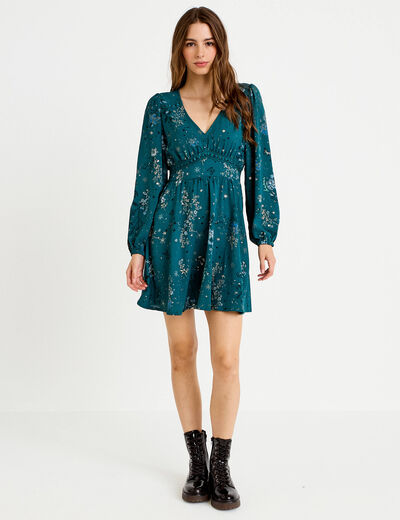 Robe courte &eacute;vas&eacute;e col v manches longues vert femme