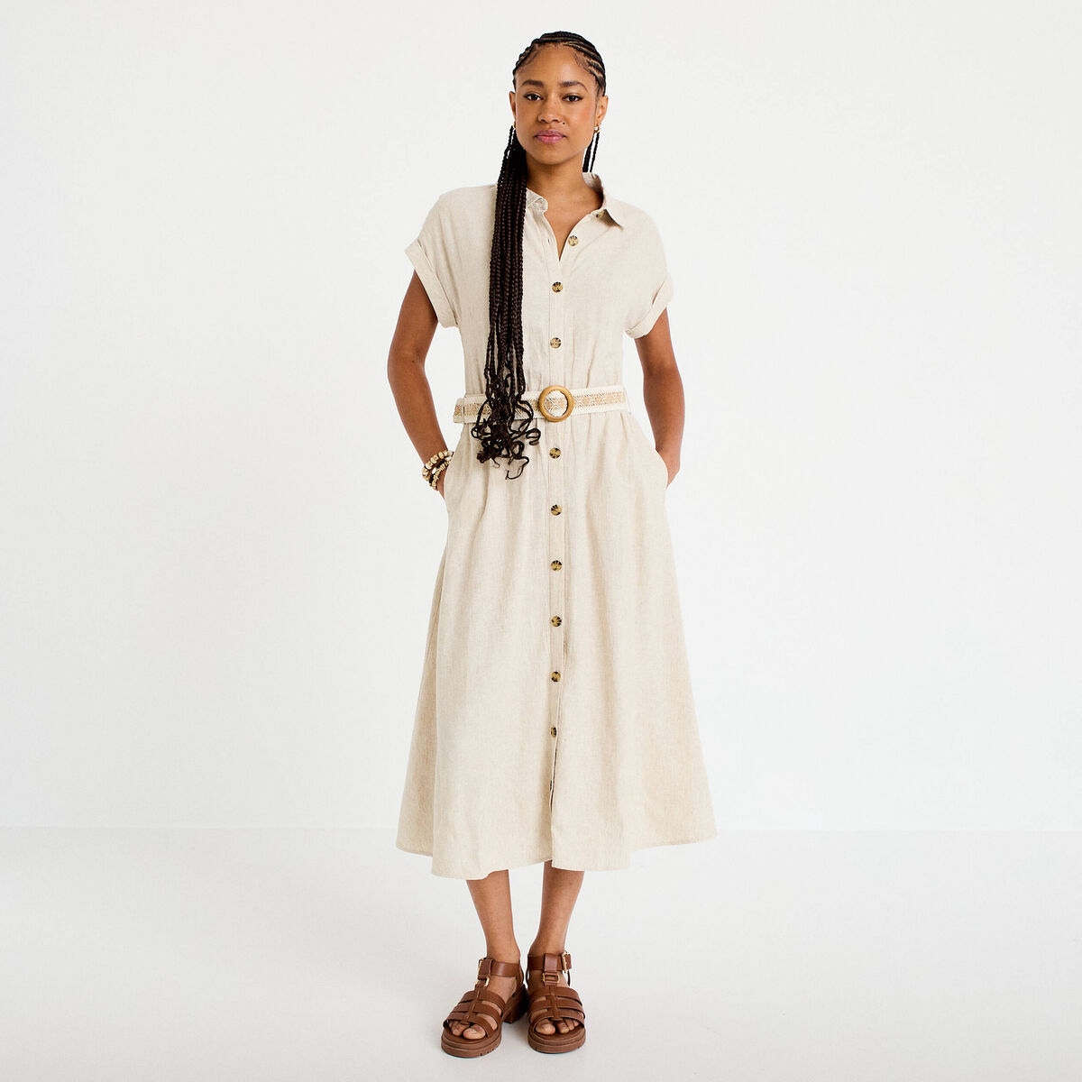 Robe &eacute;vas&eacute;e 3/4 col chemise ceinture beige femme