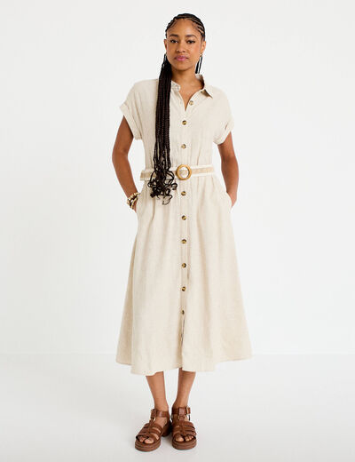 Robe &eacute;vas&eacute;e 3/4 col chemise ceinture beige femme