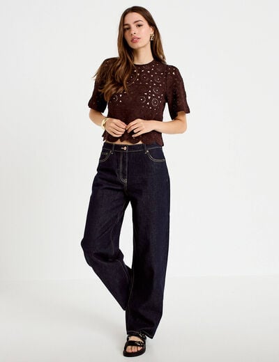 T-shirt macram&eacute; col rond marron fonc&eacute; femme