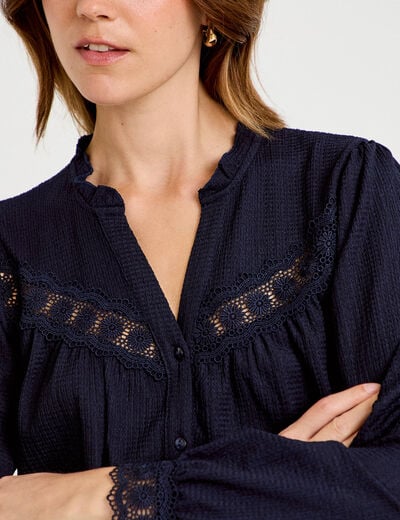 Blouse maille relief&eacute;e bleu marine femme