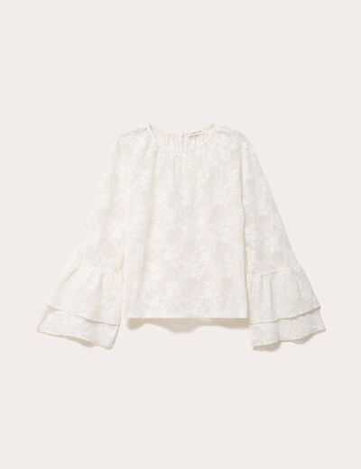 Blouse col rond manches longues dentelle ecru femme