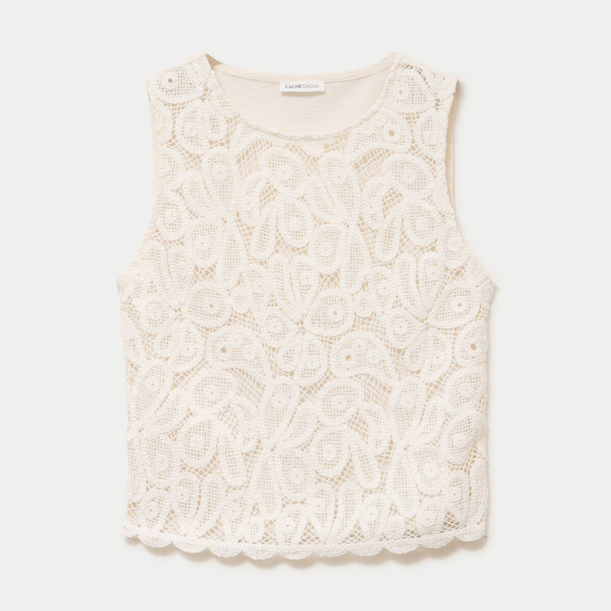 D&eacute;bardeur col rond aspect dentelle ecru femme