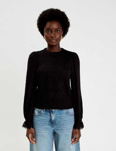 Top dentelle manches longues col rond noir femme