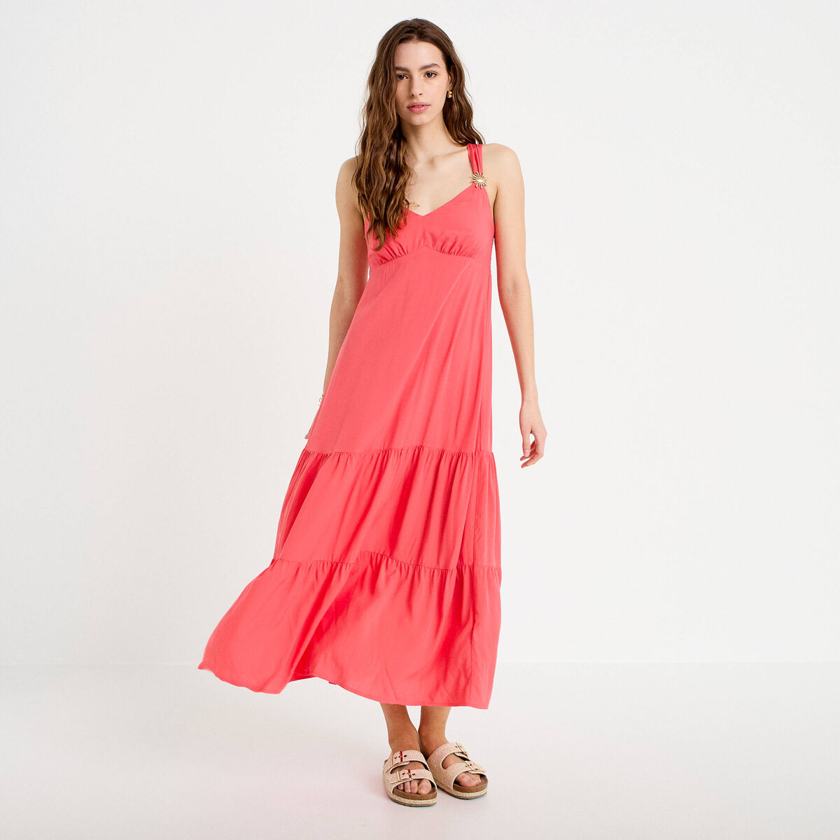 Robe &eacute;vas&eacute;e 3/4 col coeur bretelles rose femme