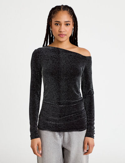 T-shirt asym&eacute;trique brillant noir femme