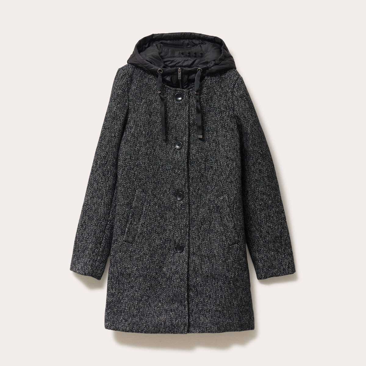 Manteau droit long &agrave; capuche noir femme