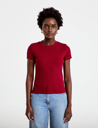 T-shirt c&ocirc;tel&eacute; ajust&eacute; manches courtes rouge femme